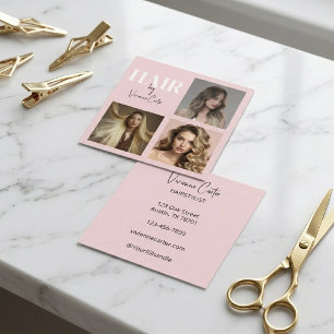 Tarjeta De Visita Cuadrada Elegante Rosa Rubor Escritura 3 Foto Peluquero