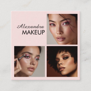 Tarjeta De Visita Cuadrada Elegante Rosa Rubor Negro Script 3 Foto Maquillaje