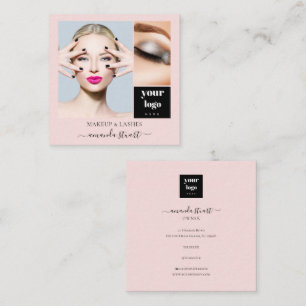 Tarjeta De Visita Cuadrada Elegante Rosa Rubor Negro Script 3 Foto Maquillaje