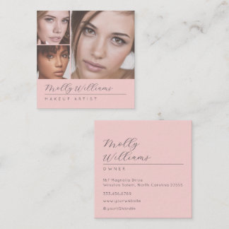 Tarjeta De Visita Cuadrada Elegante Rosa Rubor Negro Script 3 Foto Maquillaje
