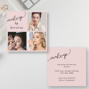 Tarjeta De Visita Cuadrada Elegante Rosa Rubor Negro Script 3 Foto Maquillaje