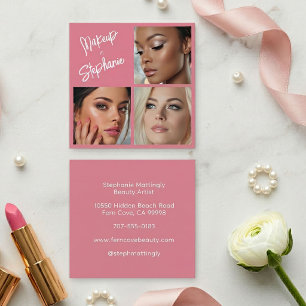 Tarjeta De Visita Cuadrada Elegante Rosa Rubor Negro Script 3 Foto Maquillaje