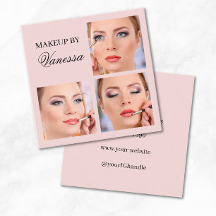Tarjeta De Visita Cuadrada Elegante Rosa Rubor Negro Script 3 Foto Maquillaje