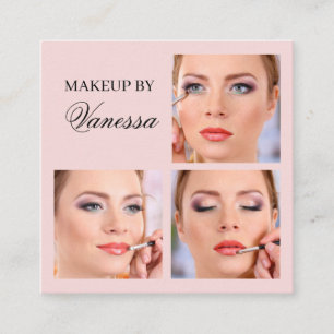 Tarjeta De Visita Cuadrada Elegante Rosa Rubor Negro Script 3 Foto Maquillaje