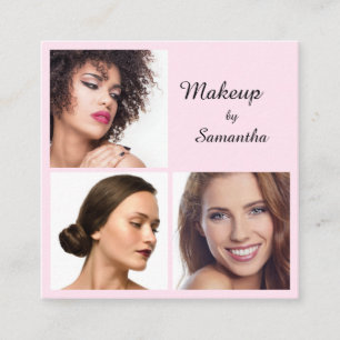 Tarjeta De Visita Cuadrada Elegante Rosa Rubor Negro Script 3 Foto QR Maquill