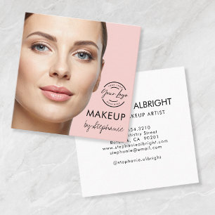 Tarjeta De Visita Cuadrada Elegante Rosa Rubor Negro Script Foto Maquillaje