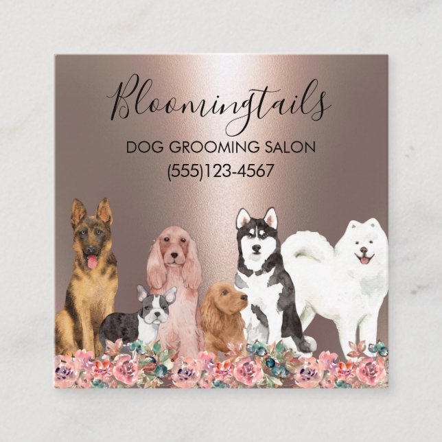 Tarjeta De Visita Cuadrada Elegante servicio de Mascota de Perro Floral Groom (Anverso)