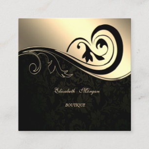 Tarjeta De Visita Cuadrada Elegante Sofisticado, Damasco Negro, Remolino Dora