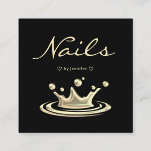 Tarjeta De Visita Cuadrada Elegante Splash Gold Polaco Nails Moderno Negro