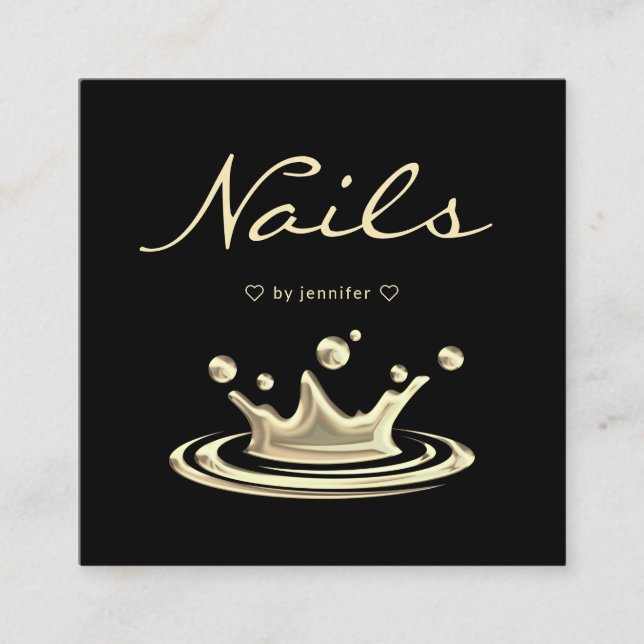 Tarjeta De Visita Cuadrada Elegante Splash Gold Polaco Nails Moderno Negro (Anverso)