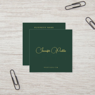 Tarjeta De Visita Cuadrada Elegante Texto Verde y Dorado Script Seda Premium