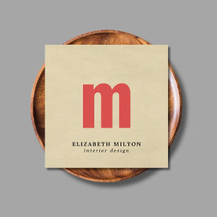 Tarjeta De Visita Cuadrada Elegante Textura Beige Monograma Diseñador Interio