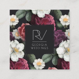 Tarjeta De Visita Cuadrada Elegante Vintage Dark Floral sobre negro   Inicial