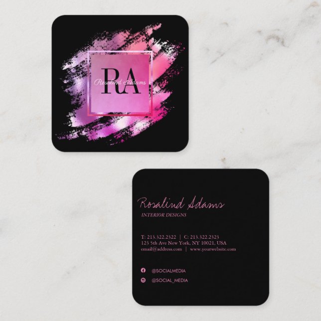 Tarjeta De Visita Cuadrada Elegante y elegante pincel Ombre Glam Monograma (Anverso / Reverso)