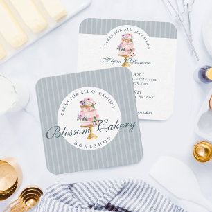 Tarjeta De Visita Cuadrada Elegante y Moda Blue Watercolour Floral Cake Baker