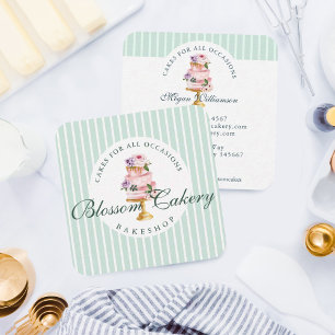 Tarjeta De Visita Cuadrada Elegante y Moda Mint Acuarela Floral Pastelería