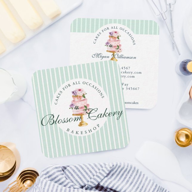 Tarjeta De Visita Cuadrada Elegante y Moda Mint Acuarela Floral Pastelería (Subido por el creador)