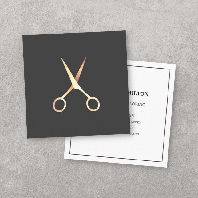 Tarjeta De Visita Cuadrada Elegante y moderno Gris Faux Gold Scissors HairSty (Subido por el creador)