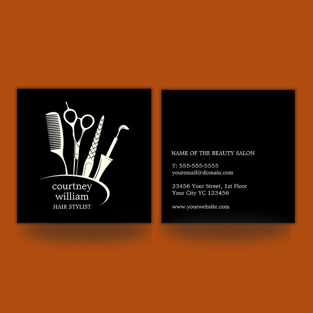 Tarjeta De Visita Cuadrada Elegante y simple peinado negro (Elegant Simple Black Hair Stylist Square Business Card)