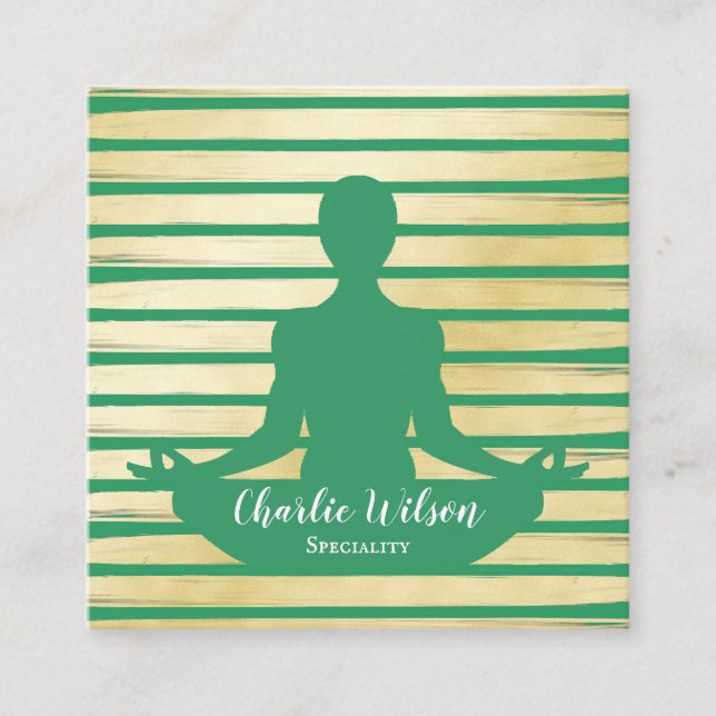 Tarjeta De Visita Cuadrada Elegante yoga verde turquesa pintura dorada rayada (Anverso)