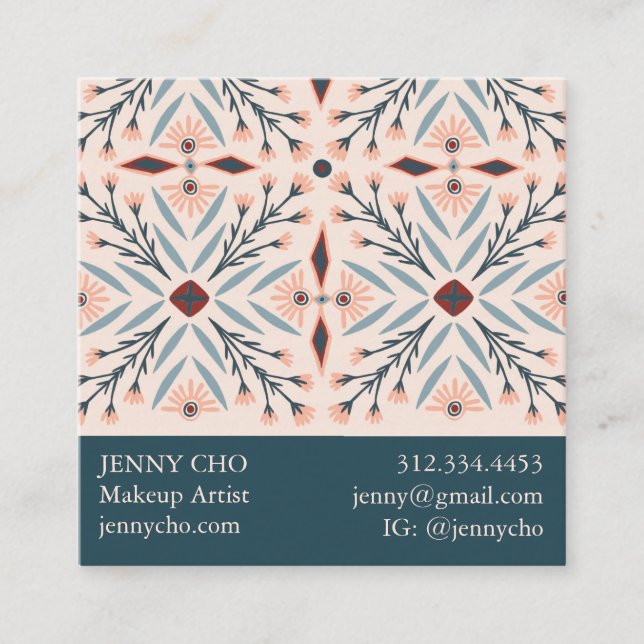 Tarjeta De Visita Cuadrada Elegantes Baldosas Florales Azul Geométrico Rosa (Anverso)