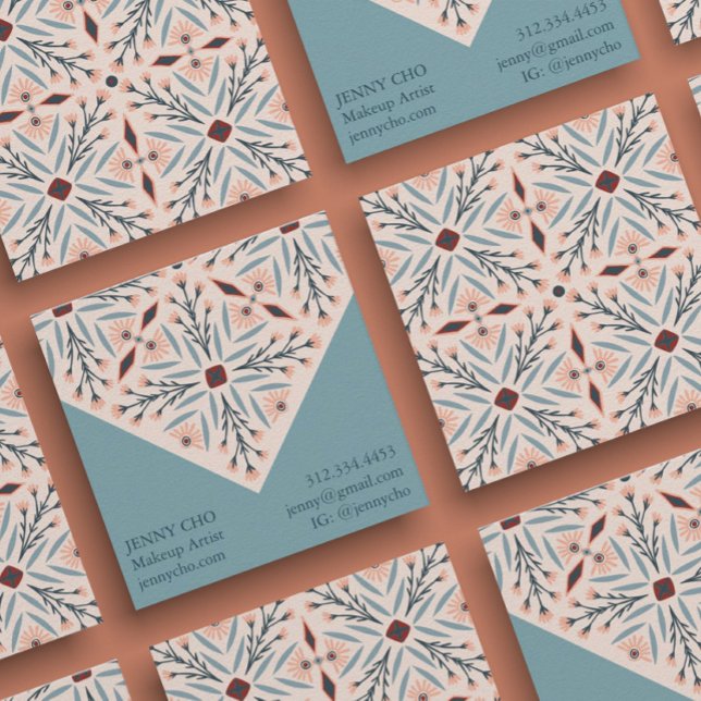 Tarjeta De Visita Cuadrada Elegantes Baldosas Florales Azul Geométrico Rosa (Subido por el creador)