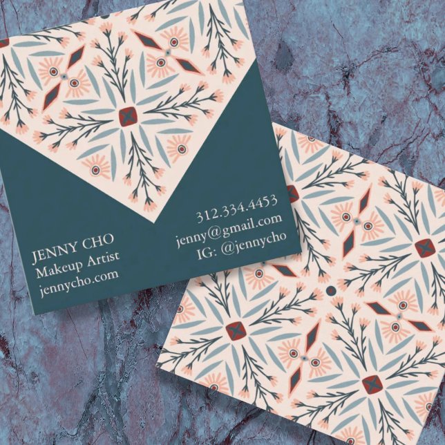 Tarjeta De Visita Cuadrada Elegantes Baldosas Florales Azul Geométrico Rosa (Subido por el creador)