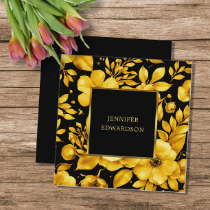 Tarjeta De Visita Cuadrada Elegantes flores negras de oro profesional
