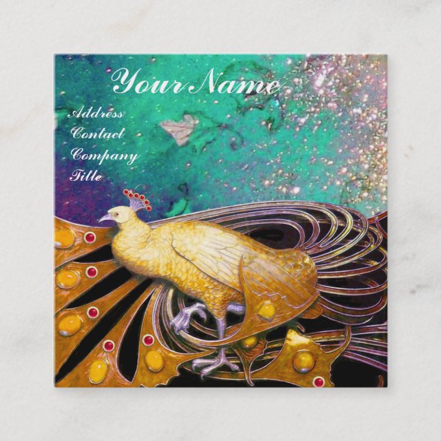 TARJETA DE VISITA CUADRADA ELEGANTES HOJAS DE PACO AMARILLO Y FLORAL VERDE (Anverso)