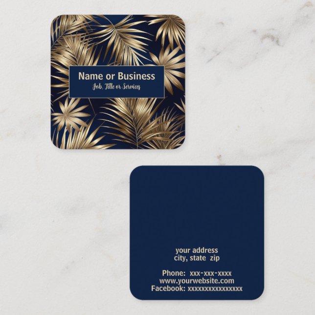 Tarjeta De Visita Cuadrada Elegantes hojas tropicales de oro (Anverso / Reverso)