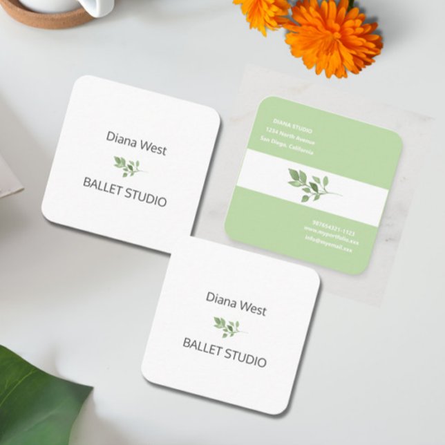Tarjeta De Visita Cuadrada Elegantes hojas verdes verdes modernas con bordes  (Subido por el creador)