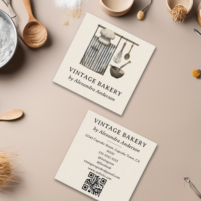 Tarjeta De Visita Cuadrada Elegantes Ilustraciones de herramientas de panader (Elegant Vintage Bakery Baking Tool Illustrations Square Business Card)
