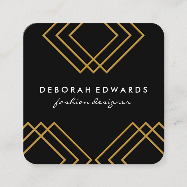 Tarjeta De Visita Cuadrada Elegantes líneas geométricas de oro simple negro (Anverso)