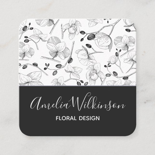 Tarjeta De Visita Cuadrada Elegantes orquídeas moda delicada floral blanca y  (Anverso)