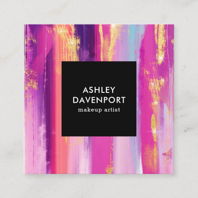 Tarjeta De Visita Cuadrada Elegantes pinceles rosa y purpurina dorado (Anverso)
