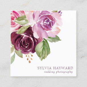 Tarjeta De Visita Cuadrada Elegantes Rosas acuarelas Morado Floral