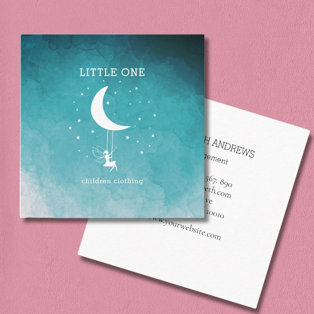 Tarjeta De Visita Cuadrada Elfe mit Zauberstab Schaukel Sterne Mond (Elf with Magic wand Swing Stars Moon Square Blue Business Card)