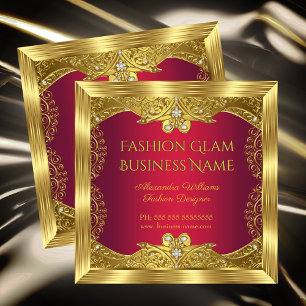Tarjeta De Visita Cuadrada Elite Fashion Designer Red Gold Diamonds