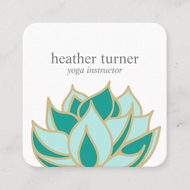 Tarjeta De Visita Cuadrada Emerald Gold Lotus wellness spa masaje yoga (Anverso)