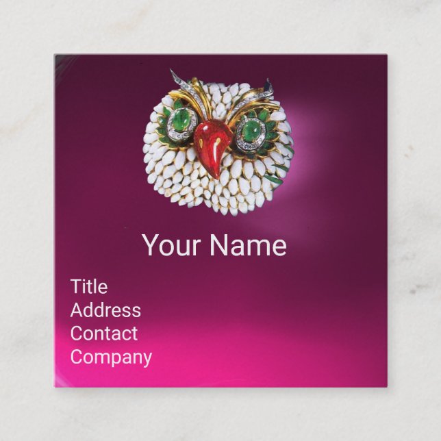Tarjeta De Visita Cuadrada EMERALD OPALE WHITE PEARL JEWEL OWL Pink Fuchsia (Anverso)