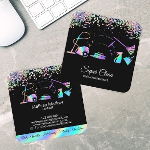 Tarjeta De Visita Cuadrada Empleada de hogar limpieza casa holográfica brilla