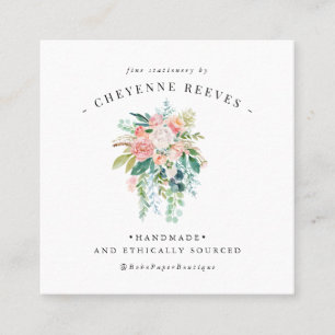 Tarjeta De Visita Cuadrada En Flor   Logotipo Floral Vintage Blush