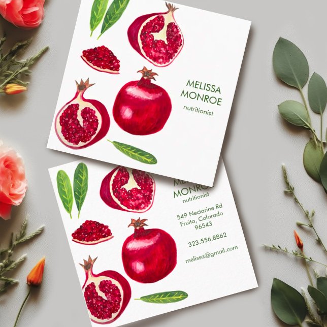 Tarjeta De Visita Cuadrada Entrenador de Chef Nutricionista Pomegranates Frut (Watercolor pomegranates with leaves decorate these custom square business cards. Add your own text.)