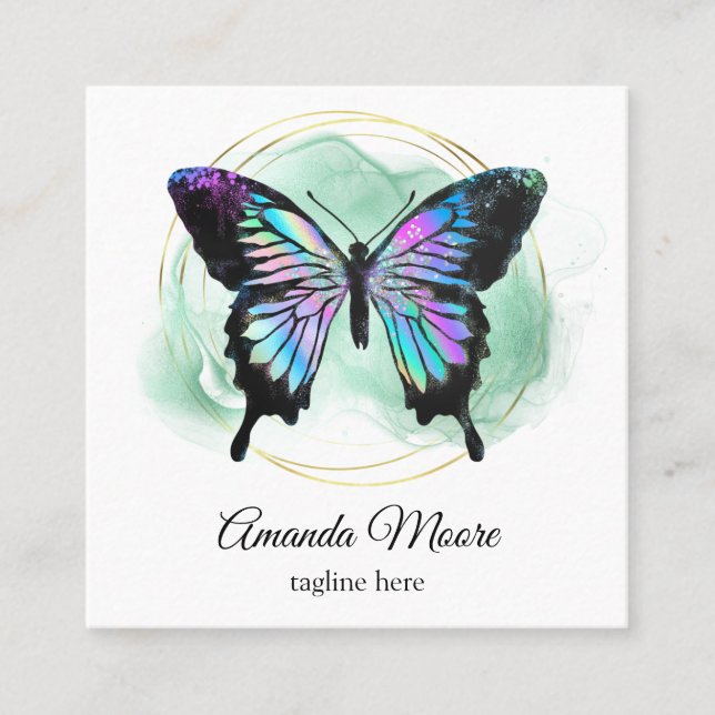 Tarjeta De Visita Cuadrada entrenador de vida de mariposa azul holografía squ (Anverso)