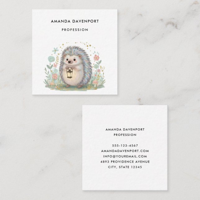 Tarjeta De Visita Cuadrada Erizo Adorable con Linterna (Anverso / Reverso)