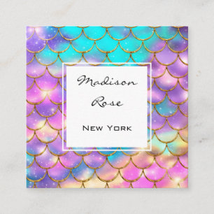 Tarjeta De Visita Cuadrada Escala de sirena de oro Pastel Rainbow Unicorn