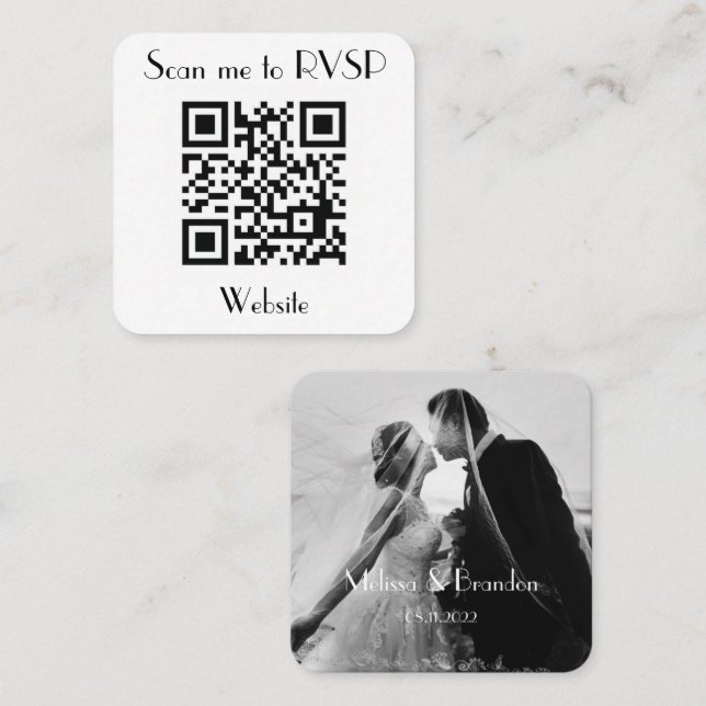 Tarjeta De Visita Cuadrada Escanearme a RSVP Boda QR Code Photo Response (Anverso / Reverso)