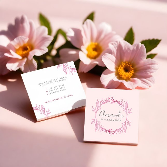 Tarjeta De Visita Cuadrada Escudo botánico de acuarela floral rosa elegante (Pink Elegant Floral Watercolor Botanical Crest Square Business Card)