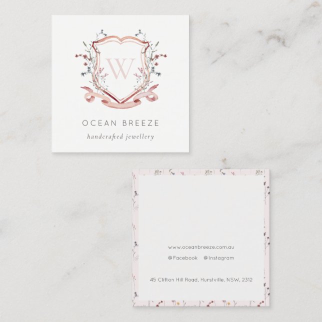 Tarjeta De Visita Cuadrada Escudo de acuarela de flor silvestre rosa pastel M (Anverso / Reverso)