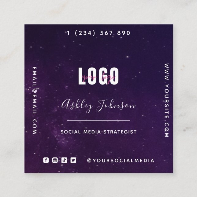 Tarjeta De Visita Cuadrada Espacio Galaxia Púrpura Profunda Universo Código Q (Anverso)